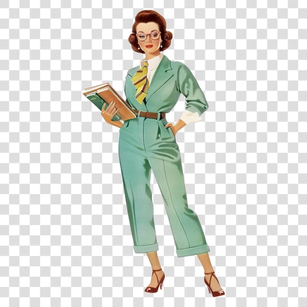 PSD png vintage stylish woman holding books