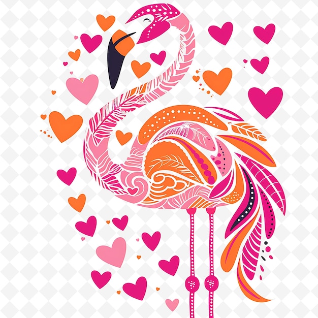 Png Whimsical Flamingo With Heart Shaped Feather Shapes Randomly Flat Illustration Cute Character