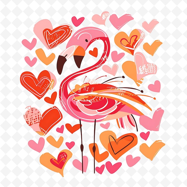 PSD png whimsical flamingo with heart shaped feather shapes randomly flat illustration cute character