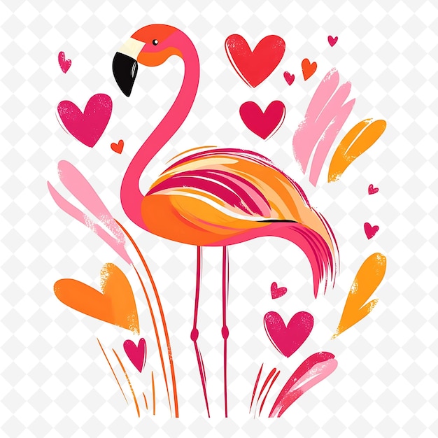 Png Whimsical Flamingo With Heart Shaped Feather Shapes Randomly Flat Illustration Cute Character