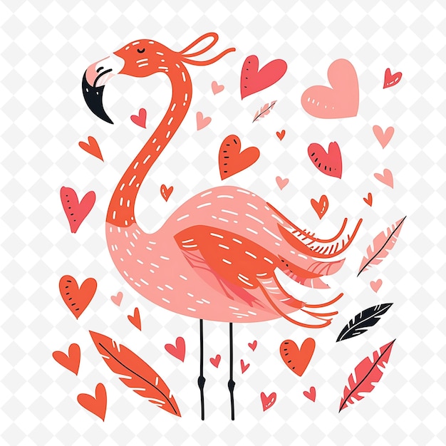 Png Whimsical Flamingo With Heart Shaped Feather Shapes Randomly Flat Illustration Cute Character