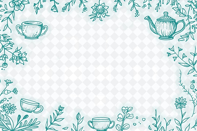 PSD png whimsical frame art with teacups and teapot decorations bord illustration frame art decorative