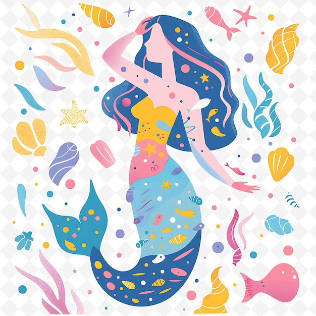 PSD png whimsical mermaid with seashell shapes scattered around magi flat illustration cute character