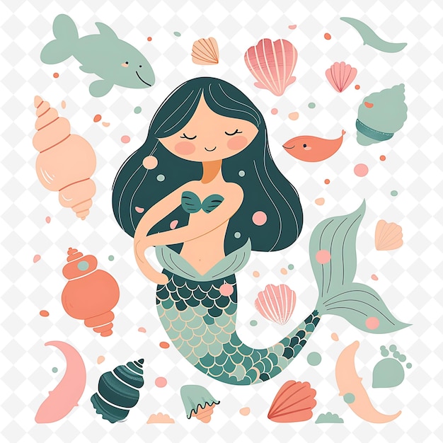 PSD png whimsical mermaid with seashell shapes scattered around magi flat illustration cute character