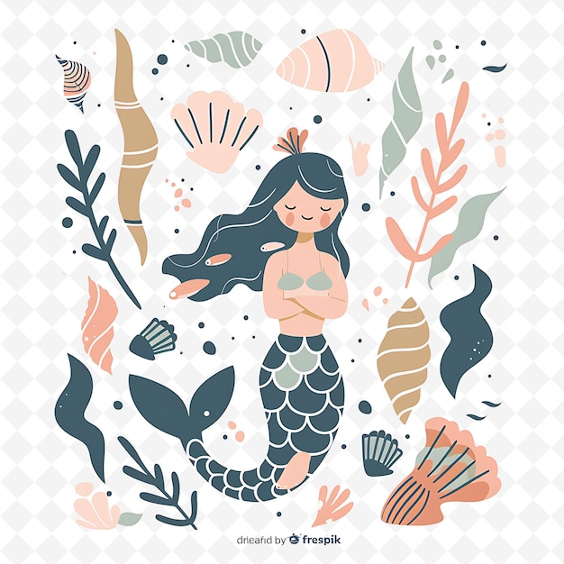 Png Whimsical Mermaid With Seashell Shapes Scattered Around Magi Flat Illustration Cute Character