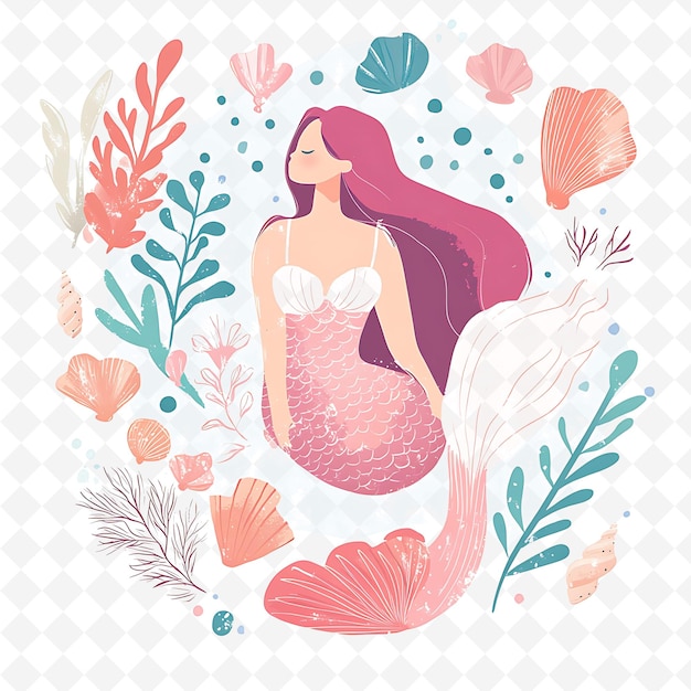 Png Whimsical Mermaid With Seashell Shapes Scattered Around Magi Flat Illustration Cute Character