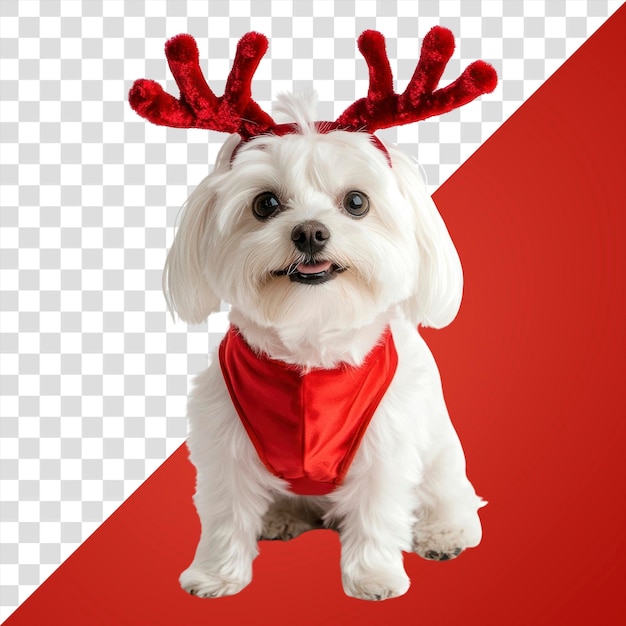 PSD png white maltese dog wearing a red deer antlers headband on head background christmas costume