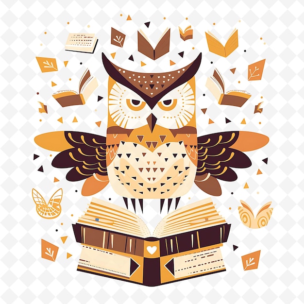 Png Wise Owl With Book Shapes Scattered Around Scholarly and Int Flat Illustration Cute Character