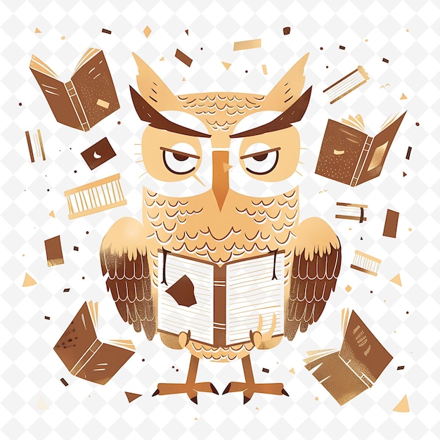 PSD png wise owl with book shapes scattered around scholarly and int flat illustration cute character