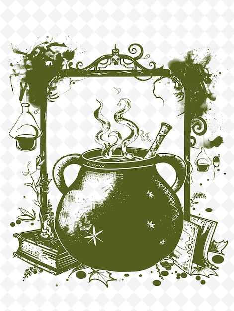 PSD png witchs cauldron frame art with bubbling potion and spell boo illustration frame art decorative