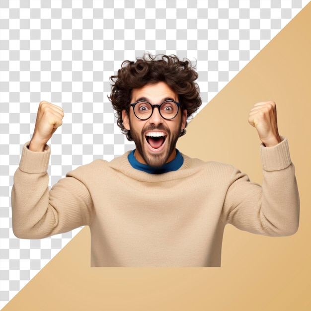 PSD png a young handsome man sweater shouting success