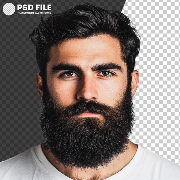 PSD png young man with a full beard and dark hair poses for a closeup against a white background