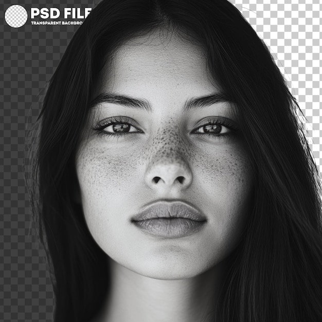 PSD png young woman with freckles in black and white