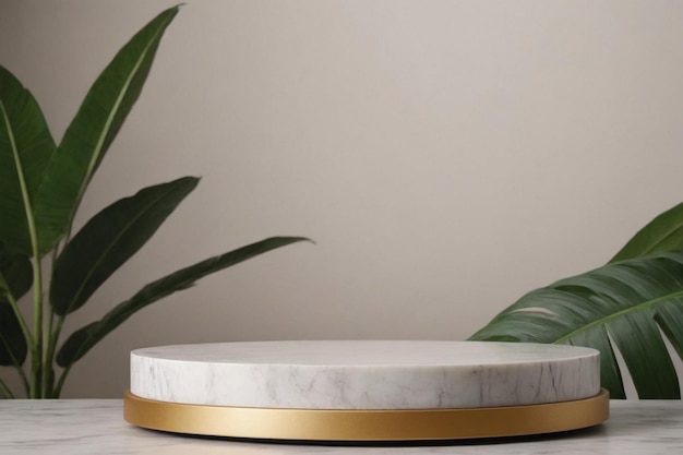 Podium 3D Render Golden and White Marble Texture With Green Leaf