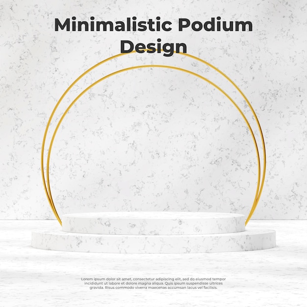 Podium in 3d rendering texture mockup in square with white marble wall, gold ring, and shadow