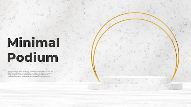 Podium in 3d rendering texture mockup in square with white marble wall, gold ring, and shadow