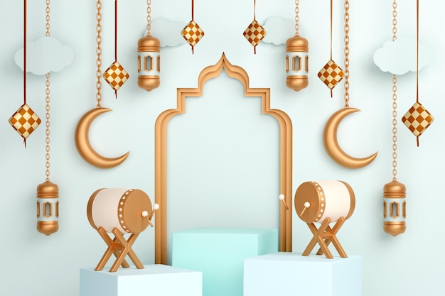 Podium islamic display decoration with bedug drum crescent lantern and ketupat