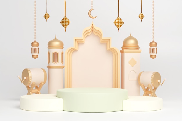 Podium islamic display decoration with bedug drum crescent lantern and ketupat 