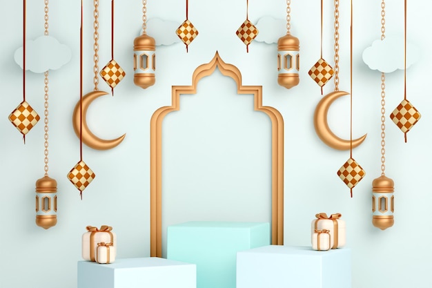 Podium islamic display decoration with crescent lantern ketupat and gift box