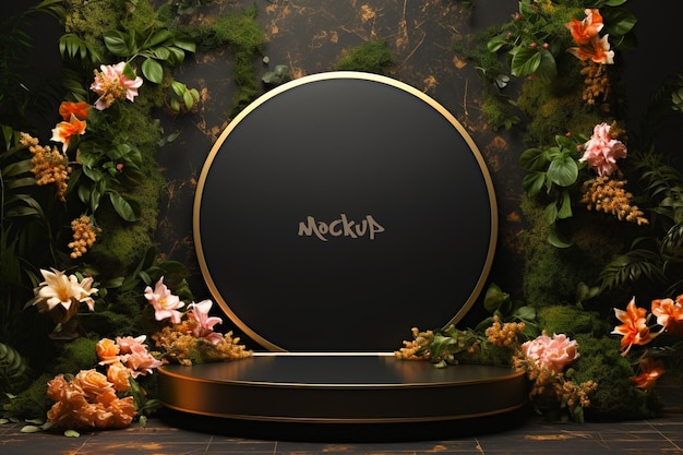 Podium mockup for product presentation decorated with flowers golden and dark scene