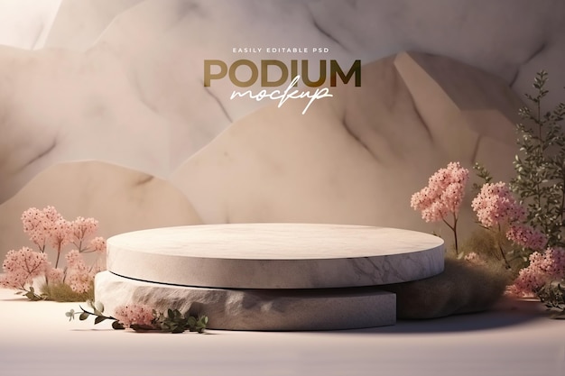 Podium stage mockup for product display with natural flowers and realistic shadow effect