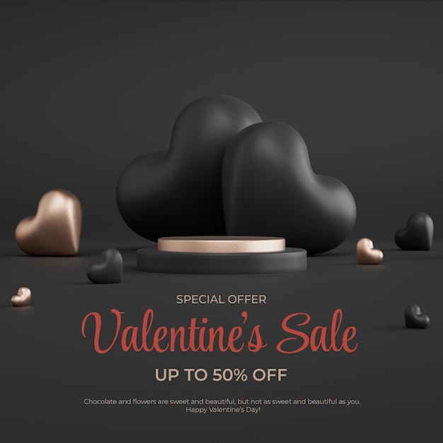 Podium with black and gold hearts for product placement in valentines day square