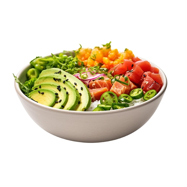 PSD poke bowl with tuna rice avocado and various toppings and garnishes on top