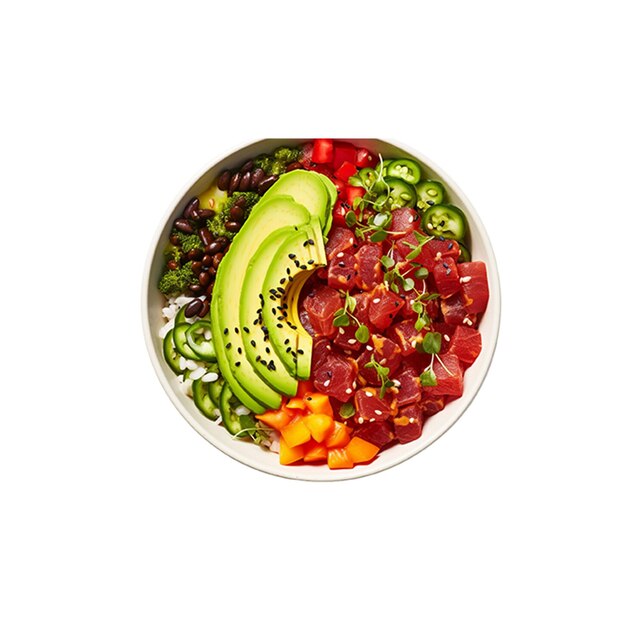 PSD poke bowl with tuna rice avocado and various toppings and garnishes on top