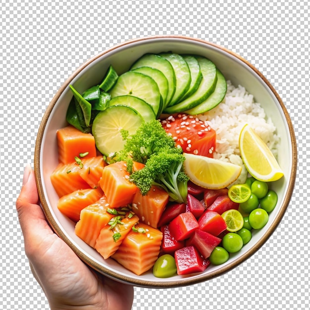 PSD pokea bowl with fresh salmon rice chuka salad edamame beans carrots and red cabbage healthy food bowl