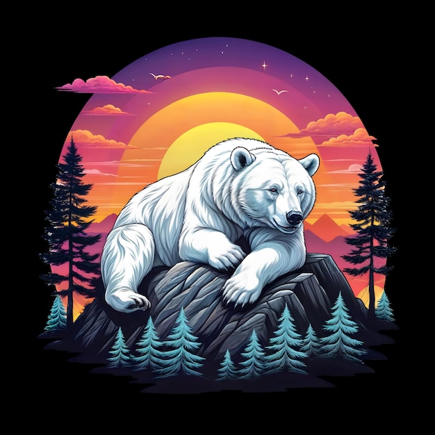 Polar bear on the rock in the forest at sunset Vector illustration bear polar bear polar wild