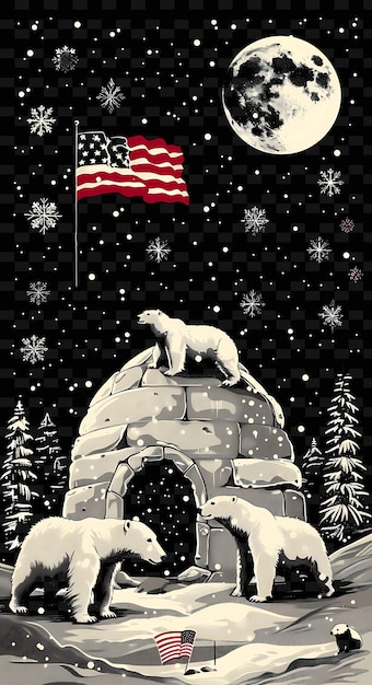 a polar bear stands on a rock in front of a flag