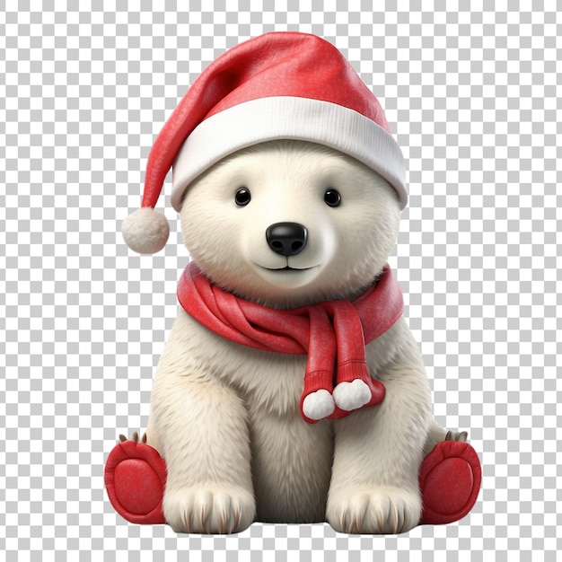 PSD a polar bear wearing a santa hat and a scarf with a santa hat on it isolated