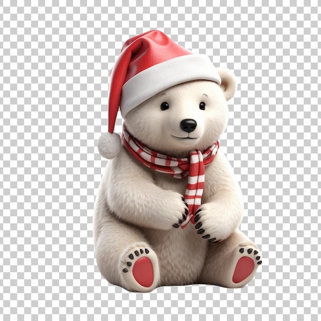 PSD a polar bear wearing a santa hat and a scarf with a santa hat on it isolated