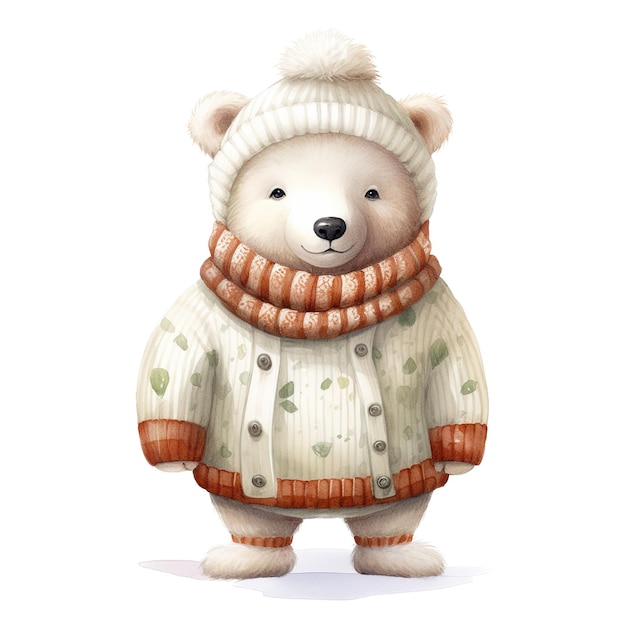 Polar Bear Wearing Winter Clothes For Christmas Event Watercolor Style AI Generated