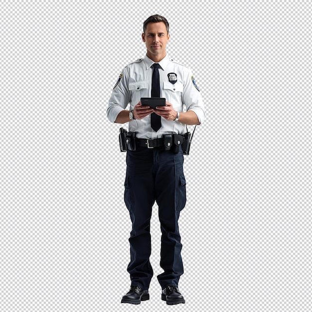 PSD a police officer stands in front of a white background with a police badge on his left hand