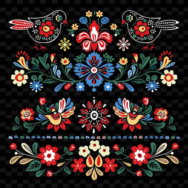 Polish Wycinanki Borderlines Design With Floral and Bird Dec PNG Unique Stylized Motifs Designs