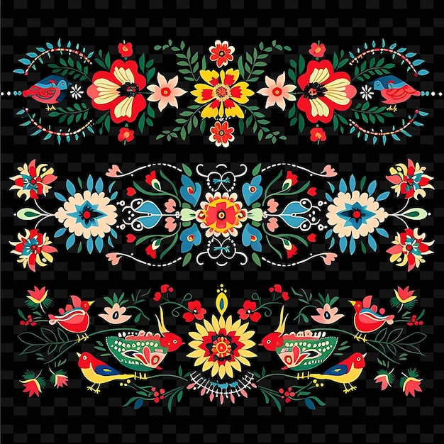 Polish Wycinanki Borderlines Design With Floral and Bird Dec PNG Unique Stylized Motifs Designs