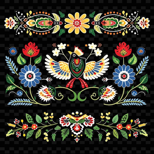 Polish Wycinanki Borderlines Design With Floral and Bird Dec PNG Unique Stylized Motifs Designs