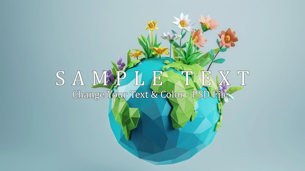 PSD a polygonal earth with blooming flowers