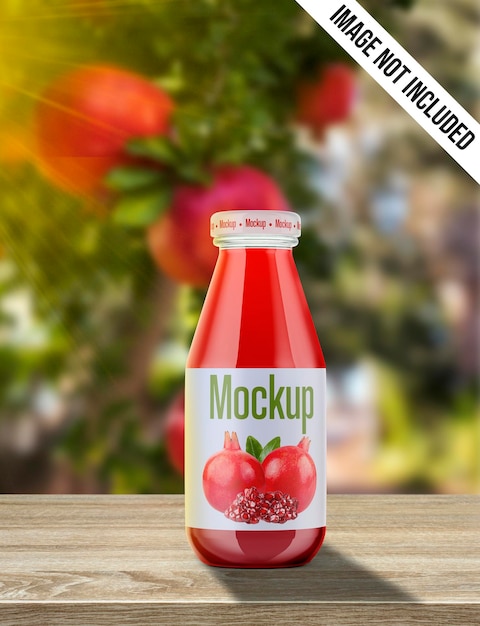 pomegranate drink or juice bottle mockup on wooden table with background