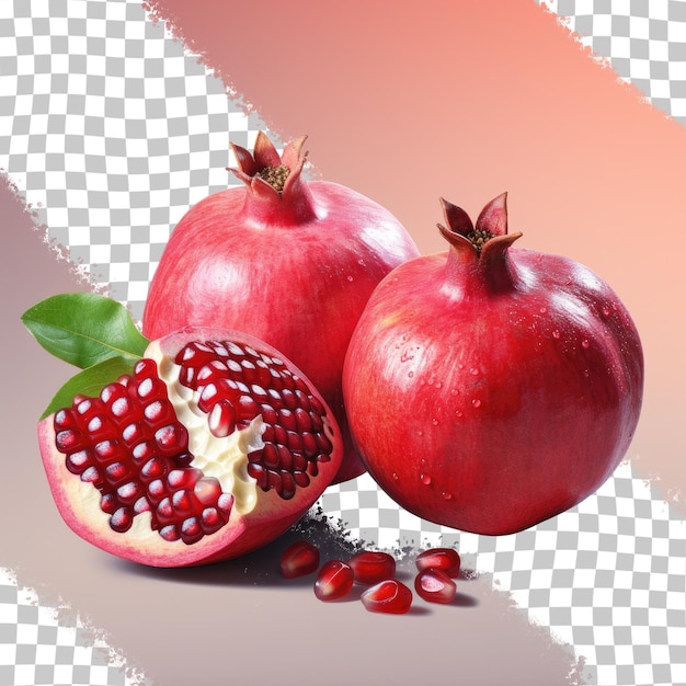 a pomegranate with a green leaf and a red background.