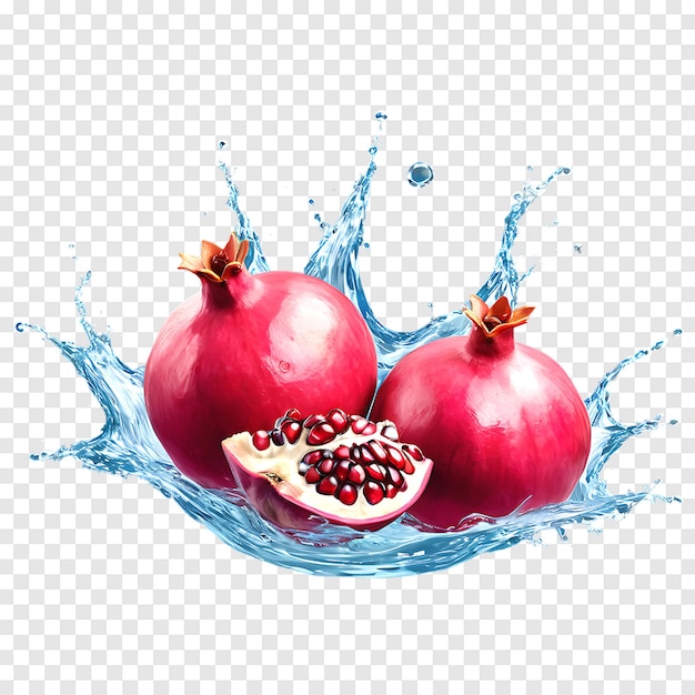 Pomegranate with juice splash isolated on a transparent background