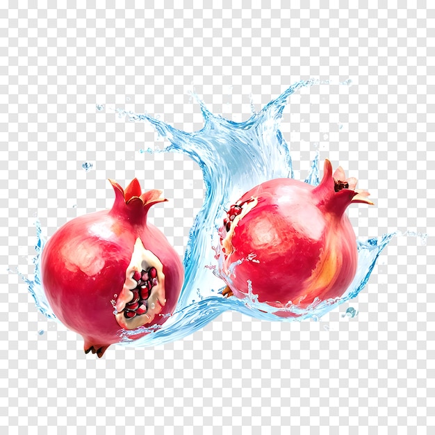 PSD pomegranate with juice splash isolated on a transparent background