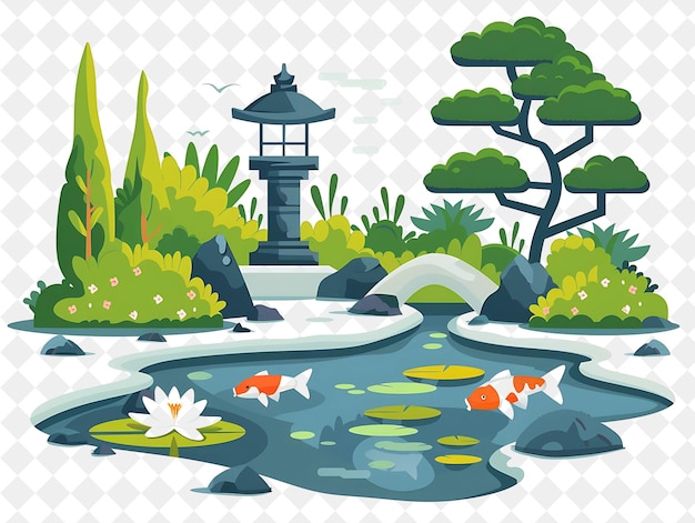 a pond with a lantern and flowers and a pond with a lantern