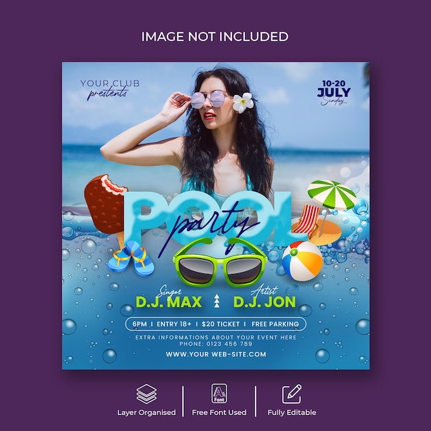 Pool party social media banner and Instagram post template