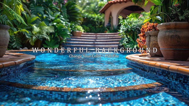 PSD pool steps in a tropical paradise