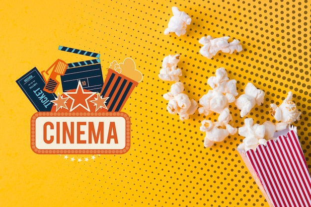 Popcorn and cinema mock-up flat lay