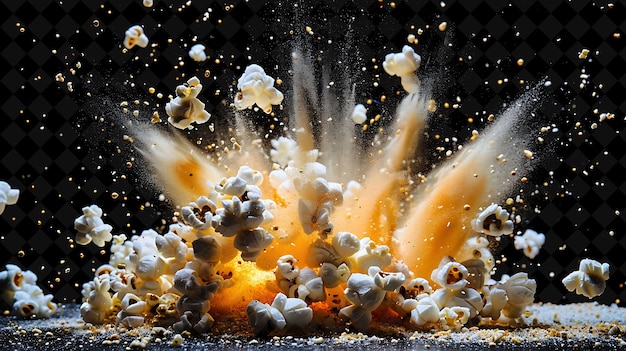 Popcorn Explosion With Kernels Butter and Seasoning Warm Yel PNG Neon Effect on Dark Background