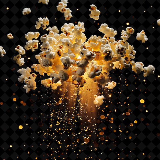 Popcorn Explosion With Kernels Butter and Seasoning Warm Yel PNG Neon Effect on Dark Background