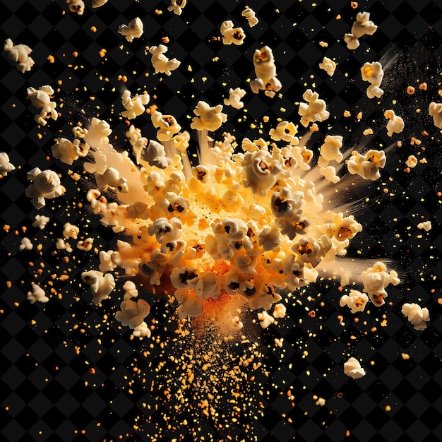 Popcorn Explosion With Kernels Butter and Seasoning Warm Yel PNG Neon Effect on Dark Background